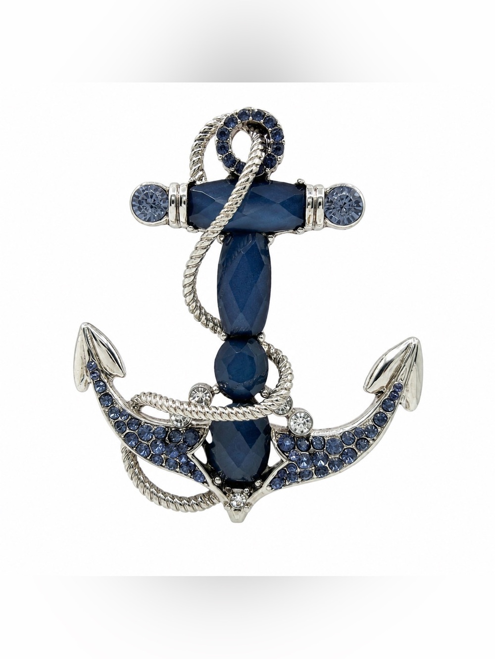 Vintage Napier Nautical Anchor Brooch Silver Tone Blue Rhinestone Statement Pin